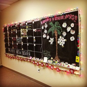 The wellness committee puts together this fun schedule in the hall each month